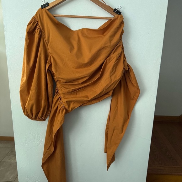 NWT Express one shoulder burt orange/rust cotton tie waist blouse Size XL - Picture 6 of 6